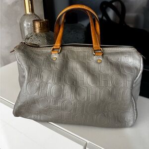 Carolina Herrera Metallic Gray Logo-Embossed Satchel with Tan Leather Handles